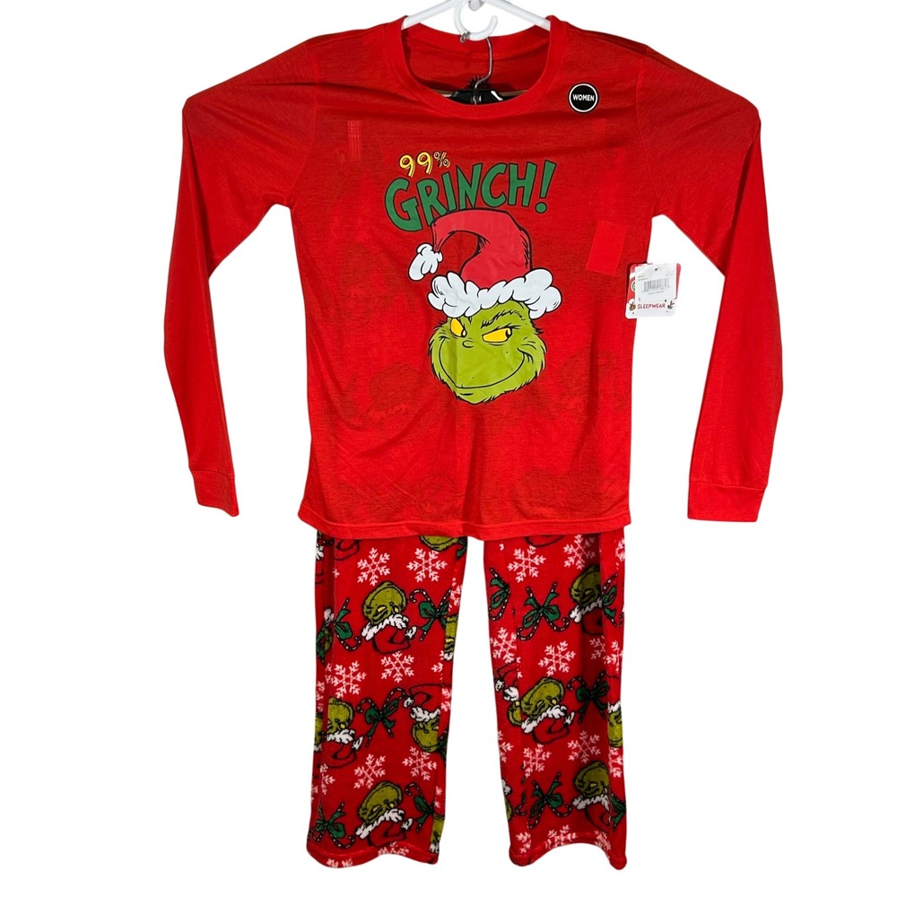 Dr Seuss The Grinch 99% Grinch Christmas Pajama Set Red Women Small NEW